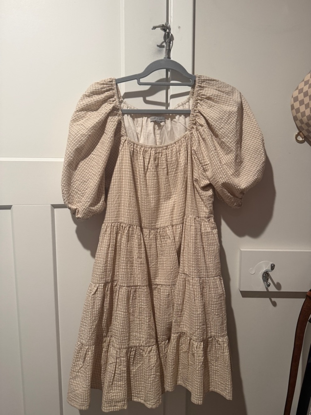 Wishlist Beige Gingham Puff-Sleeve Tiered Mini Dress